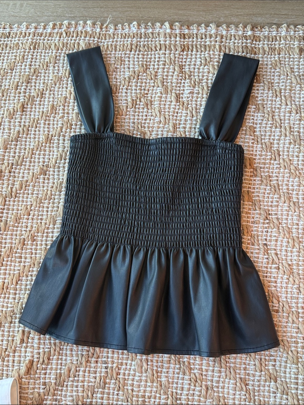 STAUD Black Smocked Faux Leather Peplum Tank